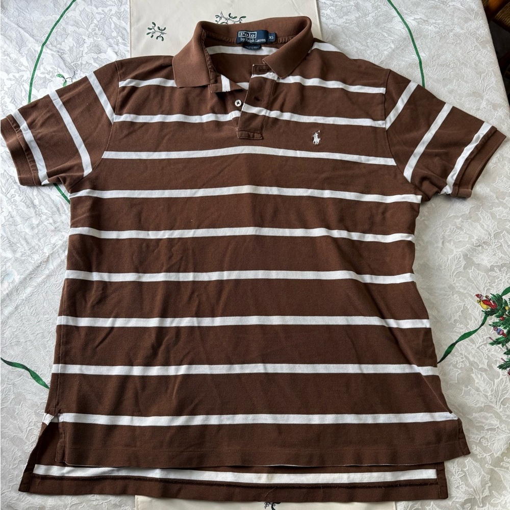 Vintage Ralph Lauren Men's Polo Shirt in Brown and White Stripes
